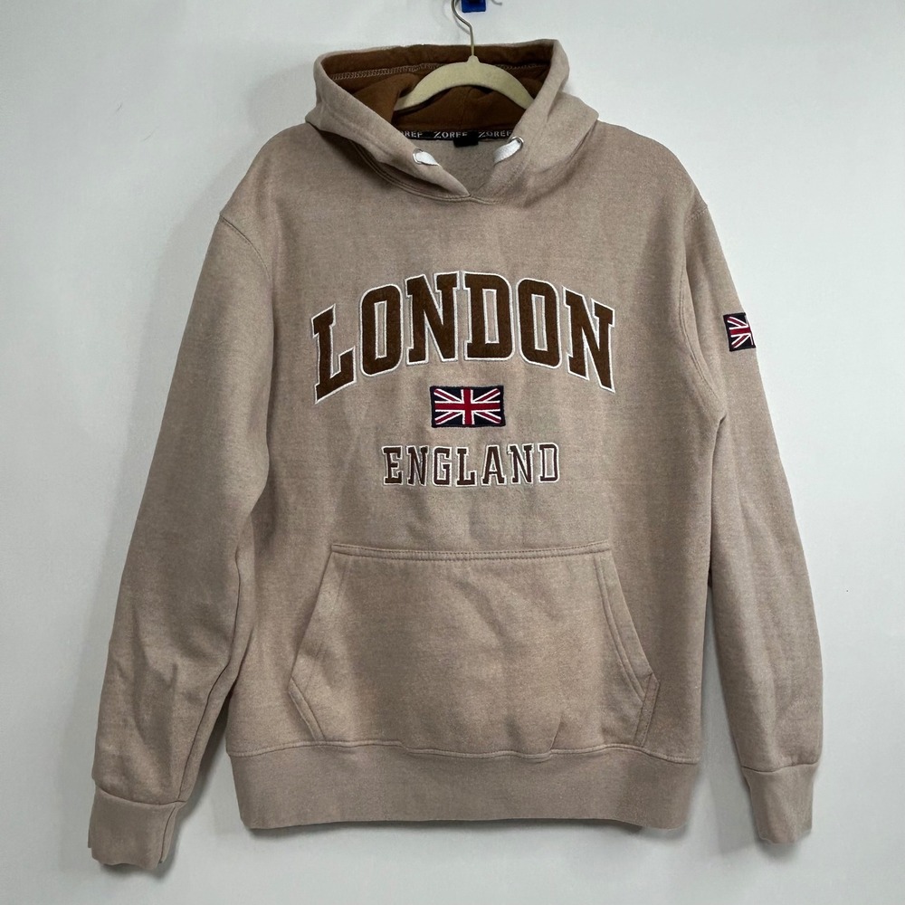 Zoref London England Hoodie Tan Union Jack Graphic Pullover Sweatshirt Mens L